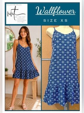 WallFlower XS Blue White Print Swing Sundress Ruffle Hem Spaghetti Strap Dress